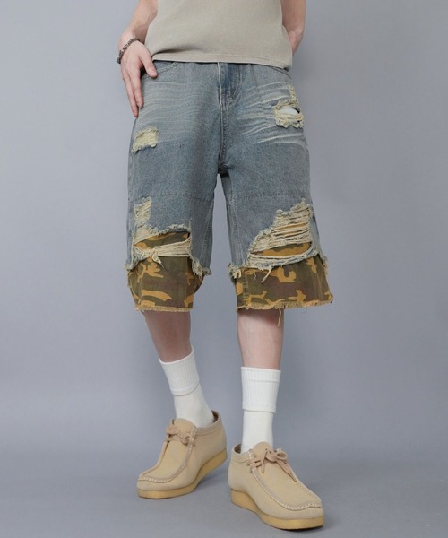 ダメージ ハーフパンツ ルーズ 切替 七分丈 デニム 迷彩 cr9666 ダメージ加工デニムハーフパンツ/カモ柄/迷彩（デニムパンツ