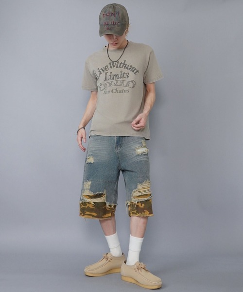SPINNS（スピンズ）の「ダメージ加工デニムハーフパンツ/カモ柄/迷彩（デニムパンツ・メンズ・ブラック/ブルー・M）」の10枚目の写真