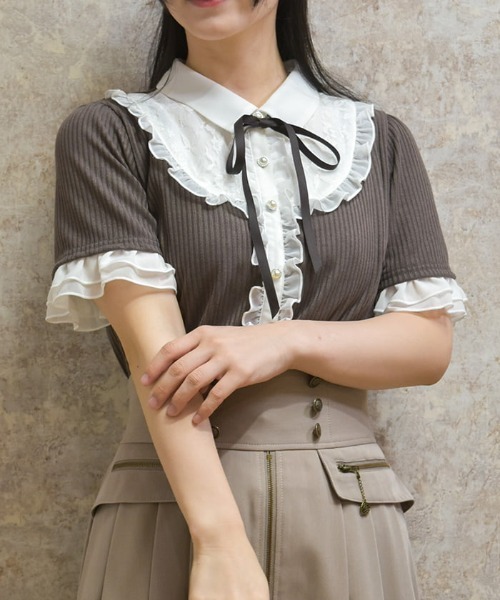 axes femme（アクシーズファム）の「襟付きブロッキングリブプルオーバー（Tシャツ/カットソー・レディース・ブラック/ホワイト/ブラウン・FREE）」の3枚目の写真