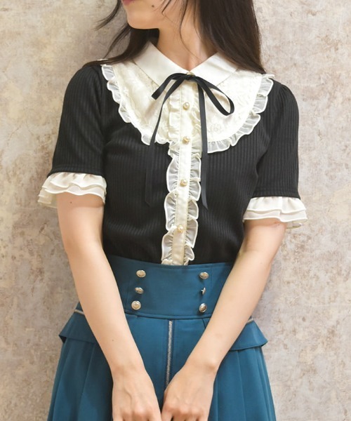 axes femme（アクシーズファム）の「襟付きブロッキングリブプルオーバー（Tシャツ/カットソー・レディース・ブラック/ホワイト/ブラウン・FREE）」の2枚目の写真