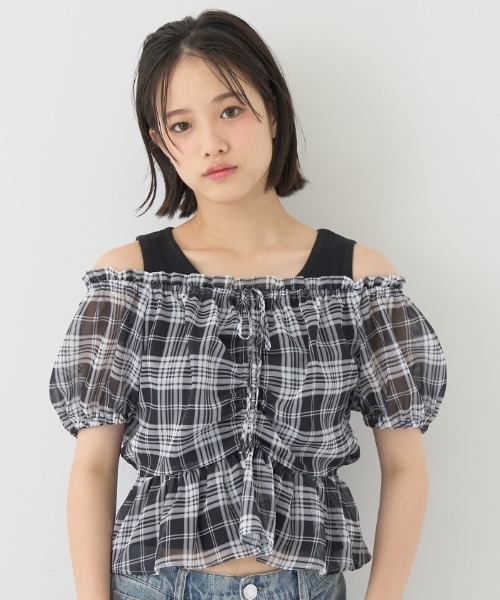 LOVETOXIC（ラブトキシック）の「チェックオフショルインナーセット（アンサンブル・キッズ・ブラック/サックスブルー/オフホワイト・S:140cm/130cm/M:150cm/L:160cm）」の2枚目の写真