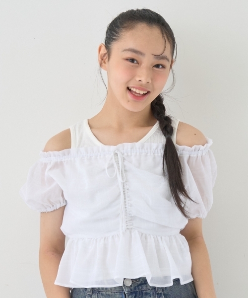 インナー付きブラウス+パンツセット 低身長向けサイズ ] インナーキャミ付き シアードット半袖