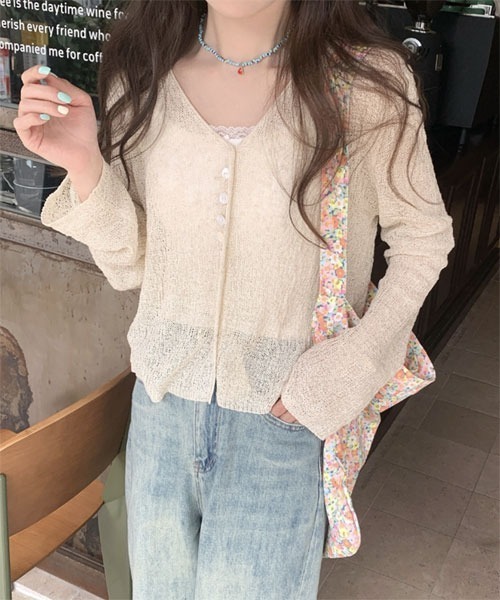 urge:(アージコロン )の「【URGE:】Vネック サマーニット シアー 長袖 カーディガン(カーディガン/ボレロ・レディース・ホワイト/ピンク/ブルー/ブラック/アイボリー・FREE)」の3枚目の写真