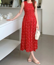 小花柄ノースリシャーリングワンピース