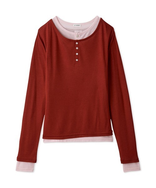 LILY BROWN（リリーブラウン）の「ウールブレンドヘンリーレイヤードトップス（Tシャツ/カットソー・レディース・グレー/レッド・F）」の2枚目の写真