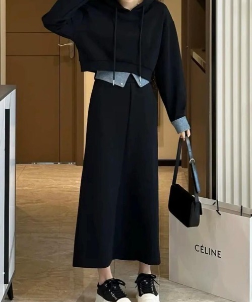 異素材切り替え長袖ショートパーカー＋スカートセットアップ