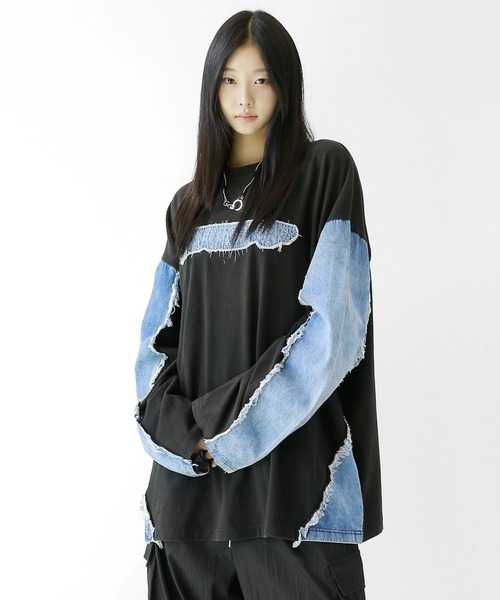 minsobi(ミンソビ)の「ロゴ×デニム切り替えロングスリーブT(Tシャツ/カットソー・メンズ・ブルー/ブラック・FREE)」の1枚目の写真