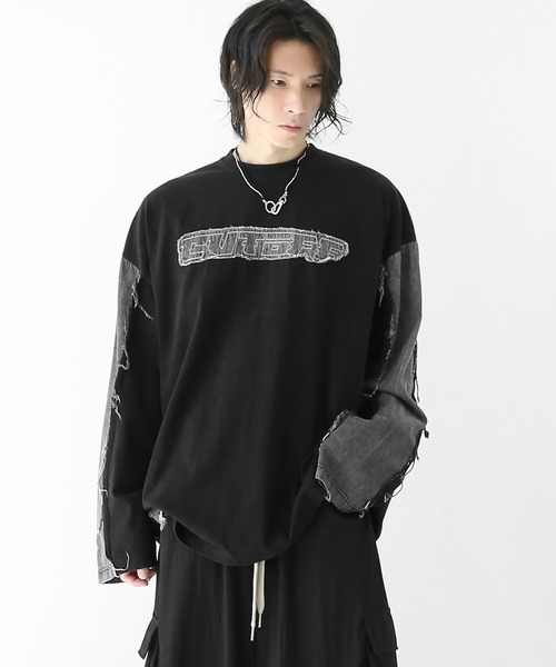 minsobi(ミンソビ)の「ロゴ×デニム切り替えロングスリーブT(Tシャツ/カットソー・メンズ・ブルー/ブラック・FREE)」の2枚目の写真