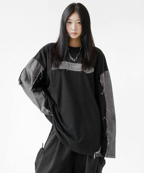minsobi(ミンソビ)の「ロゴ×デニム切り替えロングスリーブT(Tシャツ/カットソー・メンズ・ブルー/ブラック・FREE)」の5枚目の写真
