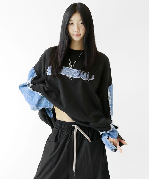 minsobi(ミンソビ)の「ロゴ×デニム切り替えロングスリーブT(Tシャツ/カットソー・メンズ・ブルー/ブラック・FREE)」の6枚目の写真