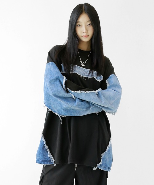 minsobi(ミンソビ)の「ロゴ×デニム切り替えロングスリーブT(Tシャツ/カットソー・メンズ・ブルー/ブラック・FREE)」の4枚目の写真