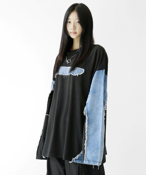 minsobi(ミンソビ)の「ロゴ×デニム切り替えロングスリーブT(Tシャツ/カットソー・メンズ・ブルー/ブラック・FREE)」の7枚目の写真