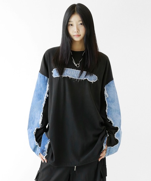 minsobi(ミンソビ)の「ロゴ×デニム切り替えロングスリーブT(Tシャツ/カットソー・メンズ・ブルー/ブラック・FREE)」の3枚目の写真