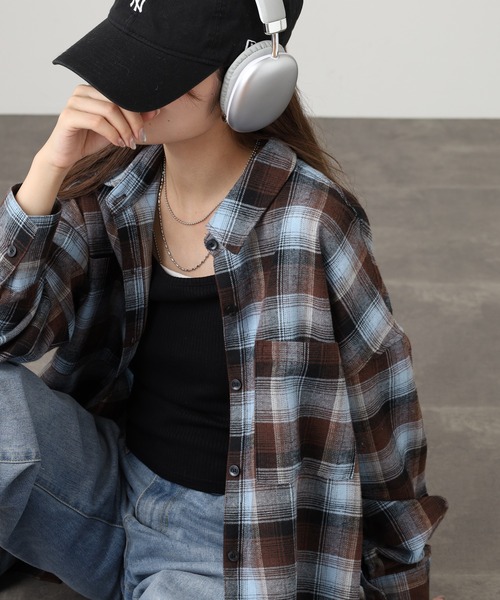 atONE(アットワン)の「ビエラチェックロングシャツ(シャツ/ブラウス・レディース・ブラウン/ボルドー/アイボリー/ブラック/オフホワイト/ブルー・F)」の4枚目の写真