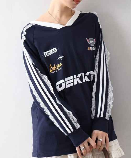 SpRay(スプレイ)の「袖レースゲーム ロングTシャツ(Tシャツ/カットソー・レディース・レッド/ネイビー/オフホワイト/ブラック・FREE)」の2枚目の写真