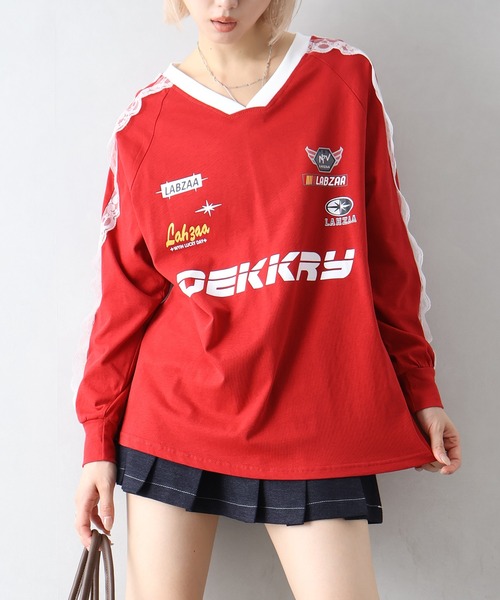 SpRay(スプレイ)の「袖レースゲーム ロングTシャツ(Tシャツ/カットソー・レディース・レッド/ネイビー/オフホワイト/ブラック・FREE)」の4枚目の写真