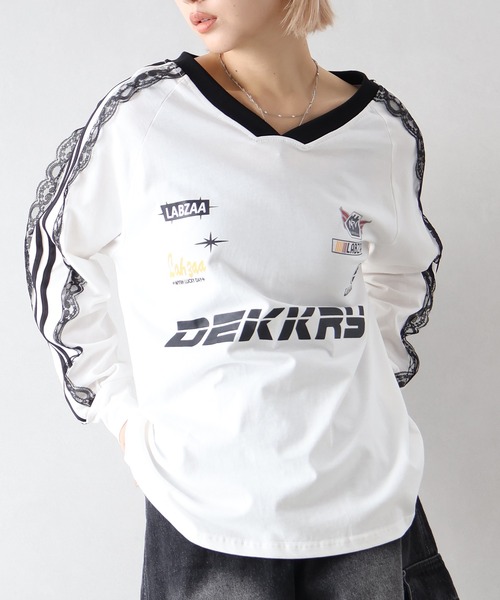 SpRay(スプレイ)の「袖レースゲーム ロングTシャツ(Tシャツ/カットソー・レディース・レッド/ネイビー/オフホワイト/ブラック・FREE)」の3枚目の写真