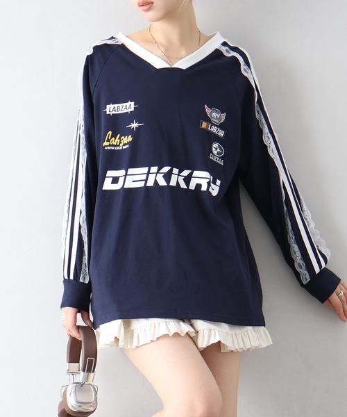 SpRay(スプレイ)の「袖レースゲーム ロングTシャツ(Tシャツ/カットソー・レディース・レッド/ネイビー/オフホワイト/ブラック・FREE)」の13枚目の写真