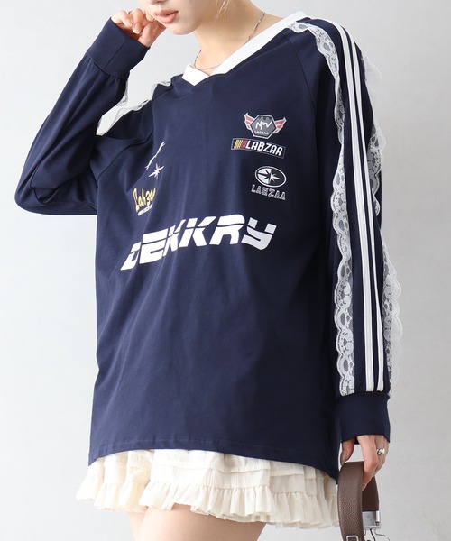 SpRay(スプレイ)の「袖レースゲーム ロングTシャツ(Tシャツ/カットソー・レディース・レッド/ネイビー/オフホワイト/ブラック・FREE)」の6枚目の写真