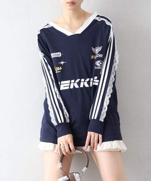 SpRay(スプレイ)の「袖レースゲーム ロングTシャツ(Tシャツ/カットソー・レディース・レッド/ネイビー/オフホワイト/ブラック・FREE)」の7枚目の写真