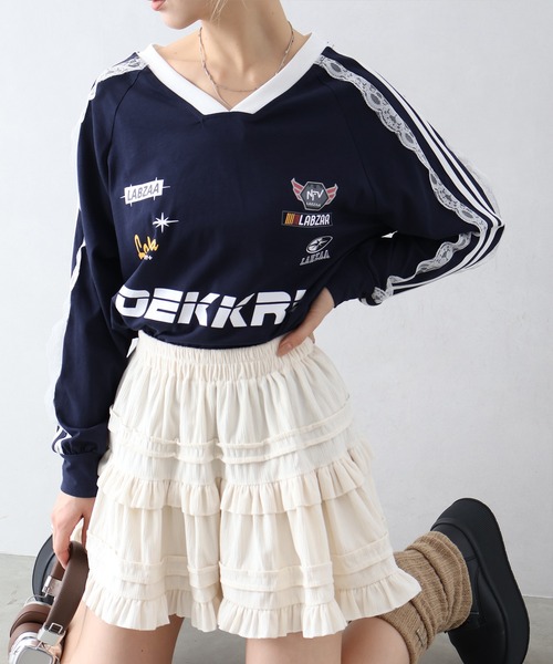 SpRay(スプレイ)の「袖レースゲーム ロングTシャツ(Tシャツ/カットソー・レディース・レッド/ネイビー/オフホワイト/ブラック・FREE)」の9枚目の写真