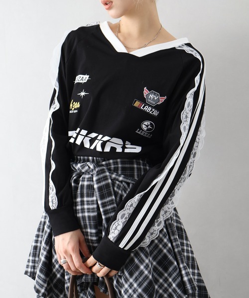 SpRay(スプレイ)の「袖レースゲーム ロングTシャツ(Tシャツ/カットソー・レディース・レッド/ネイビー/オフホワイト/ブラック・FREE)」の12枚目の写真