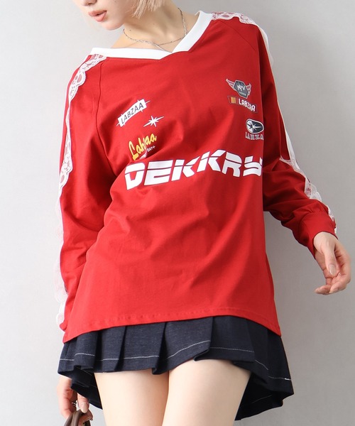 SpRay(スプレイ)の「袖レースゲーム ロングTシャツ(Tシャツ/カットソー・レディース・レッド/ネイビー/オフホワイト/ブラック・FREE)」の22枚目の写真
