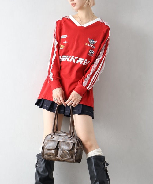 SpRay(スプレイ)の「袖レースゲーム ロングTシャツ(Tシャツ/カットソー・レディース・レッド/ネイビー/オフホワイト/ブラック・FREE)」の17枚目の写真
