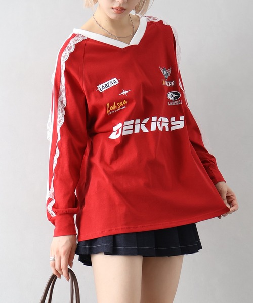 SpRay(スプレイ)の「袖レースゲーム ロングTシャツ(Tシャツ/カットソー・レディース・レッド/ネイビー/オフホワイト/ブラック・FREE)」の21枚目の写真