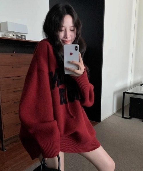 ViViDAY（ビビデー）の「フード付きニットプルオーバー（ニット/セーター・レディース・ブラック/アイボリー/グレー/レッド・M）」の9枚目の写真