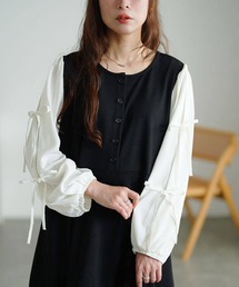 袖リボン異素材切り替えペプラムチュニック【大きいサイズ対応】