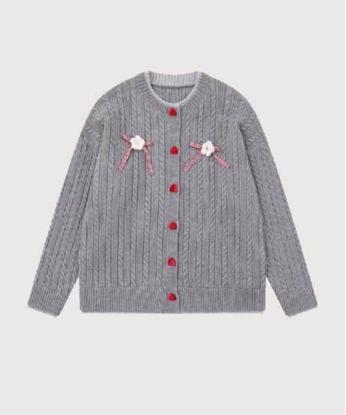 Cute Ribbon Heart Button Rib Cardigan