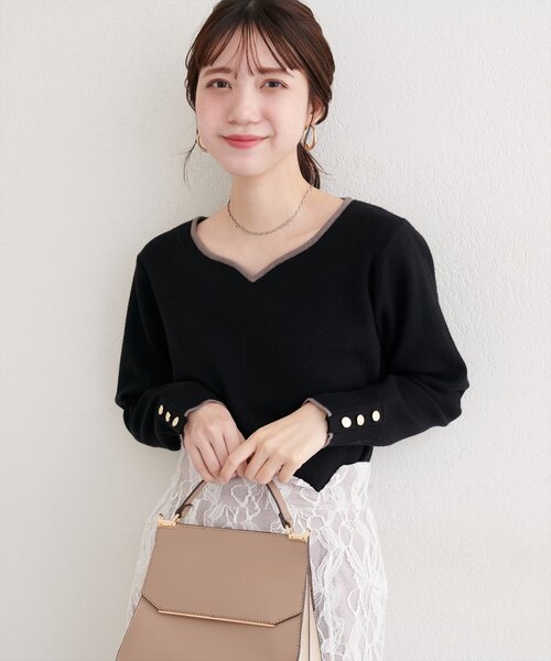 natural couture(ナチュラルクチュール)の「ハートネック配色ニットプルオーバー(ニット/セーター・レディース・ボルドー/オフホワイト/サックスブルー/ブラック・FREE)」の2枚目の写真
