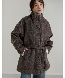 Re:EDIT | [低身長サイズ有]ミックスシャギースタンドカラーベルト付きコート(ステンカラーコート)