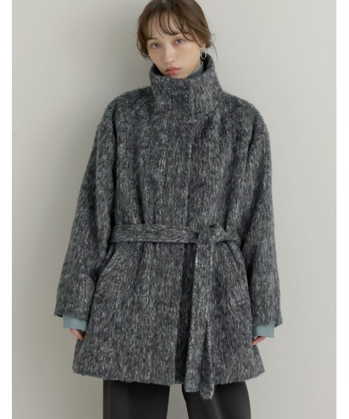 Re:EDIT（リエディ）の「[低身長サイズ有]ミックスシャギースタンドカラーベルト付きコート（ステンカラーコート・レディース・ブラック/ブラウン・LARGE/SHORT/MEDIUM）」の2枚目の写真