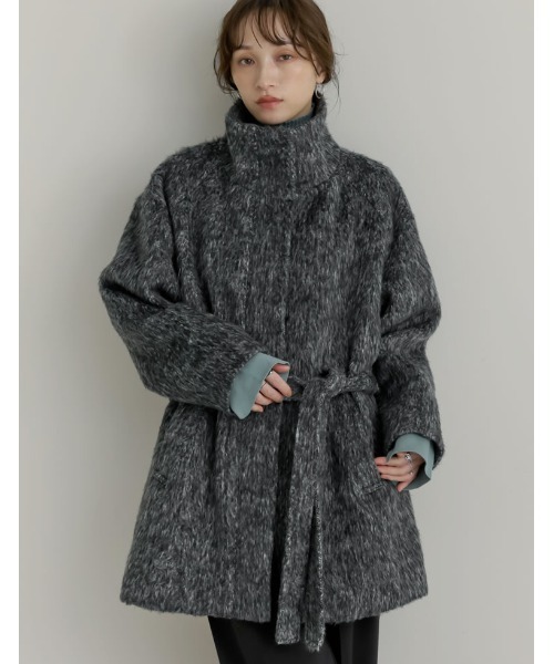 Re:EDIT（リエディ）の「[低身長サイズ有]ミックスシャギースタンドカラーベルト付きコート（ステンカラーコート・レディース・ブラック/ブラウン・LARGE/SHORT/MEDIUM）」の3枚目の写真
