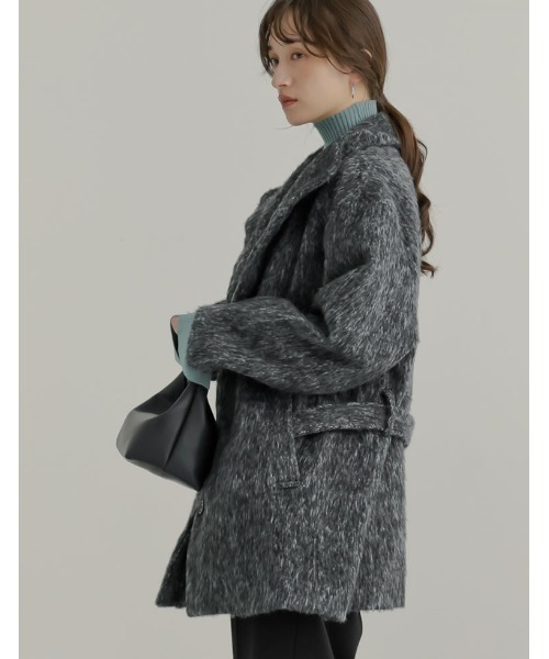 Re:EDIT（リエディ）の「[低身長サイズ有]ミックスシャギースタンドカラーベルト付きコート（ステンカラーコート・レディース・ブラック/ブラウン・LARGE/SHORT/MEDIUM）」の6枚目の写真