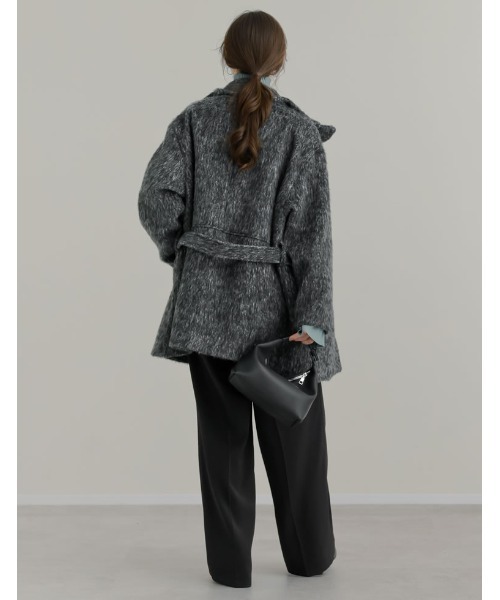 Re:EDIT（リエディ）の「[低身長サイズ有]ミックスシャギースタンドカラーベルト付きコート（ステンカラーコート・レディース・ブラック/ブラウン・LARGE/SHORT/MEDIUM）」の7枚目の写真