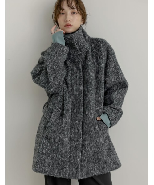 Re:EDIT（リエディ）の「[低身長サイズ有]ミックスシャギースタンドカラーベルト付きコート（ステンカラーコート・レディース・ブラック/ブラウン・LARGE/SHORT/MEDIUM）」の9枚目の写真