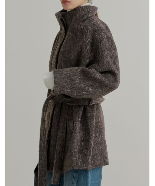 Re:EDIT（リエディ）の「[低身長サイズ有]ミックスシャギースタンドカラーベルト付きコート（ステンカラーコート・レディース・ブラック/ブラウン・LARGE/SHORT/MEDIUM）」の12枚目の写真