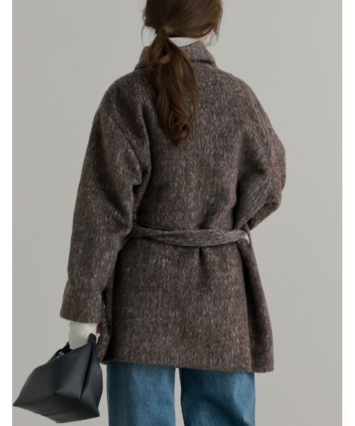 Re:EDIT（リエディ）の「[低身長サイズ有]ミックスシャギースタンドカラーベルト付きコート（ステンカラーコート・レディース・ブラック/ブラウン・LARGE/SHORT/MEDIUM）」の13枚目の写真