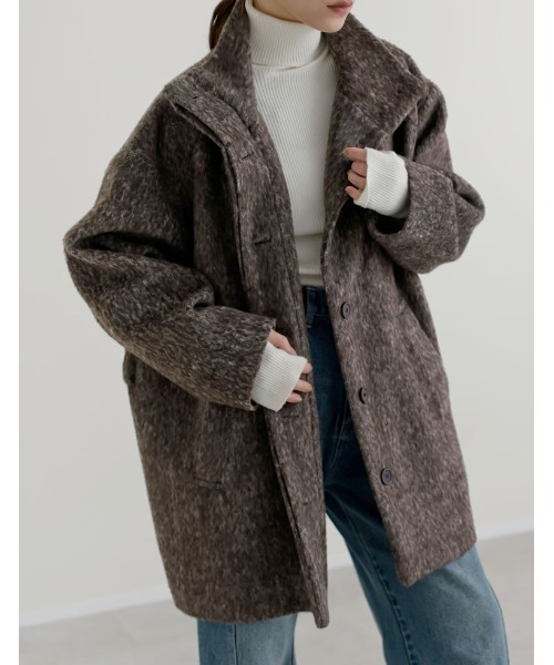 Re:EDIT（リエディ）の「[低身長サイズ有]ミックスシャギースタンドカラーベルト付きコート（ステンカラーコート・レディース・ブラック/ブラウン・LARGE/SHORT/MEDIUM）」の14枚目の写真