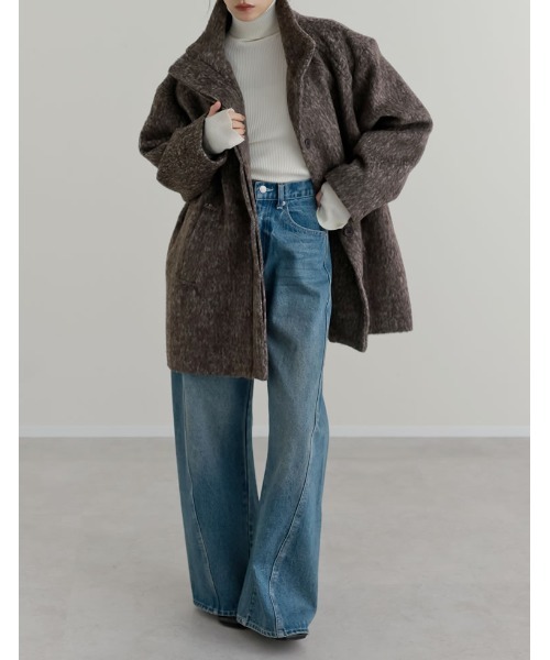 Re:EDIT（リエディ）の「[低身長サイズ有]ミックスシャギースタンドカラーベルト付きコート（ステンカラーコート・レディース・ブラック/ブラウン・LARGE/SHORT/MEDIUM）」の15枚目の写真