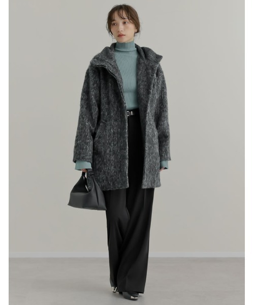 Re:EDIT（リエディ）の「[低身長サイズ有]ミックスシャギースタンドカラーベルト付きコート（ステンカラーコート・レディース・ブラック/ブラウン・LARGE/SHORT/MEDIUM）」の5枚目の写真