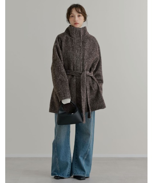 Re:EDIT（リエディ）の「[低身長サイズ有]ミックスシャギースタンドカラーベルト付きコート（ステンカラーコート・レディース・ブラック/ブラウン・LARGE/SHORT/MEDIUM）」の11枚目の写真