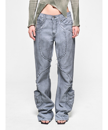 SHIRRING CUT-OFF BOOTS CUT PANTS GRAY