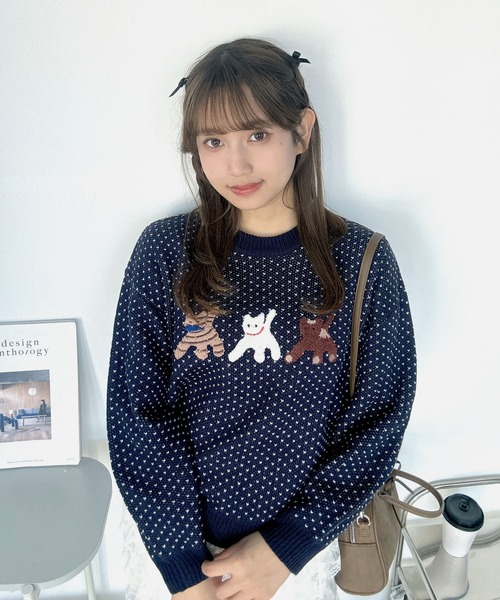 AS KNOW AS plus(アズノゥアズプラス)の「♪選べるアソートデザインジャガードニットプルオーバー(ネコ・ハナ)(ニット/セーター・レディース・ブラウン系/グリーン系/ネイビー系/レッド系・FREE)」の4枚目の写真