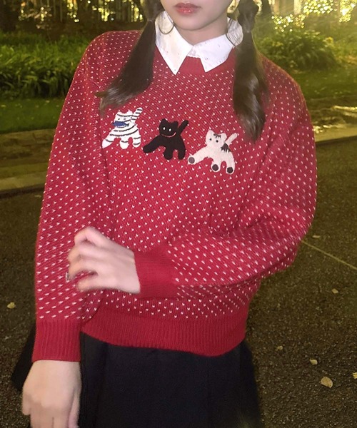 AS KNOW AS plus(アズノゥアズプラス)の「♪選べるアソートデザインジャガードニットプルオーバー(ネコ・ハナ)(ニット/セーター・レディース・ブラウン系/グリーン系/ネイビー系/レッド系・FREE)」の6枚目の写真