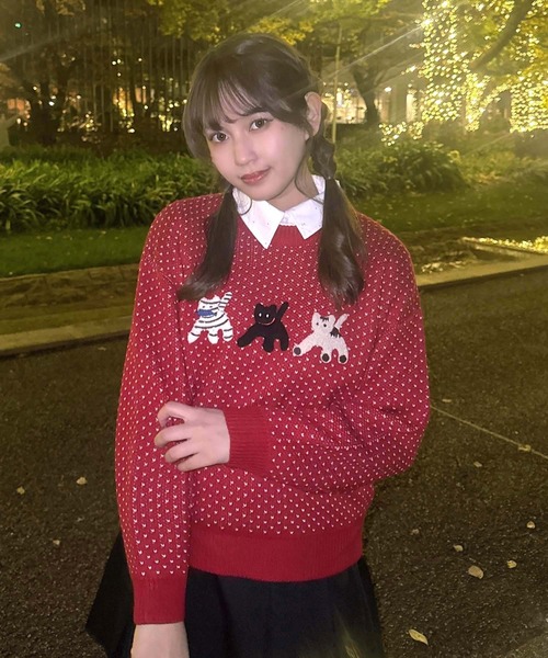 AS KNOW AS plus(アズノゥアズプラス)の「♪選べるアソートデザインジャガードニットプルオーバー(ネコ・ハナ)(ニット/セーター・レディース・ブラウン系/グリーン系/ネイビー系/レッド系・FREE)」の7枚目の写真