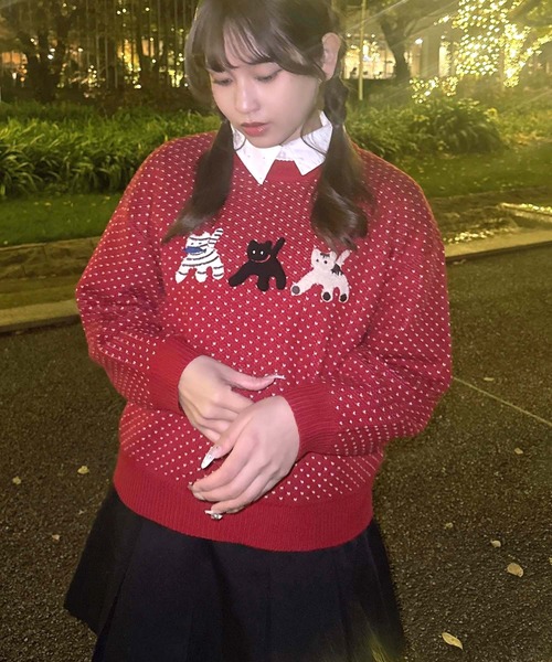 AS KNOW AS plus(アズノゥアズプラス)の「♪選べるアソートデザインジャガードニットプルオーバー(ネコ・ハナ)(ニット/セーター・レディース・ブラウン系/グリーン系/ネイビー系/レッド系・FREE)」の8枚目の写真